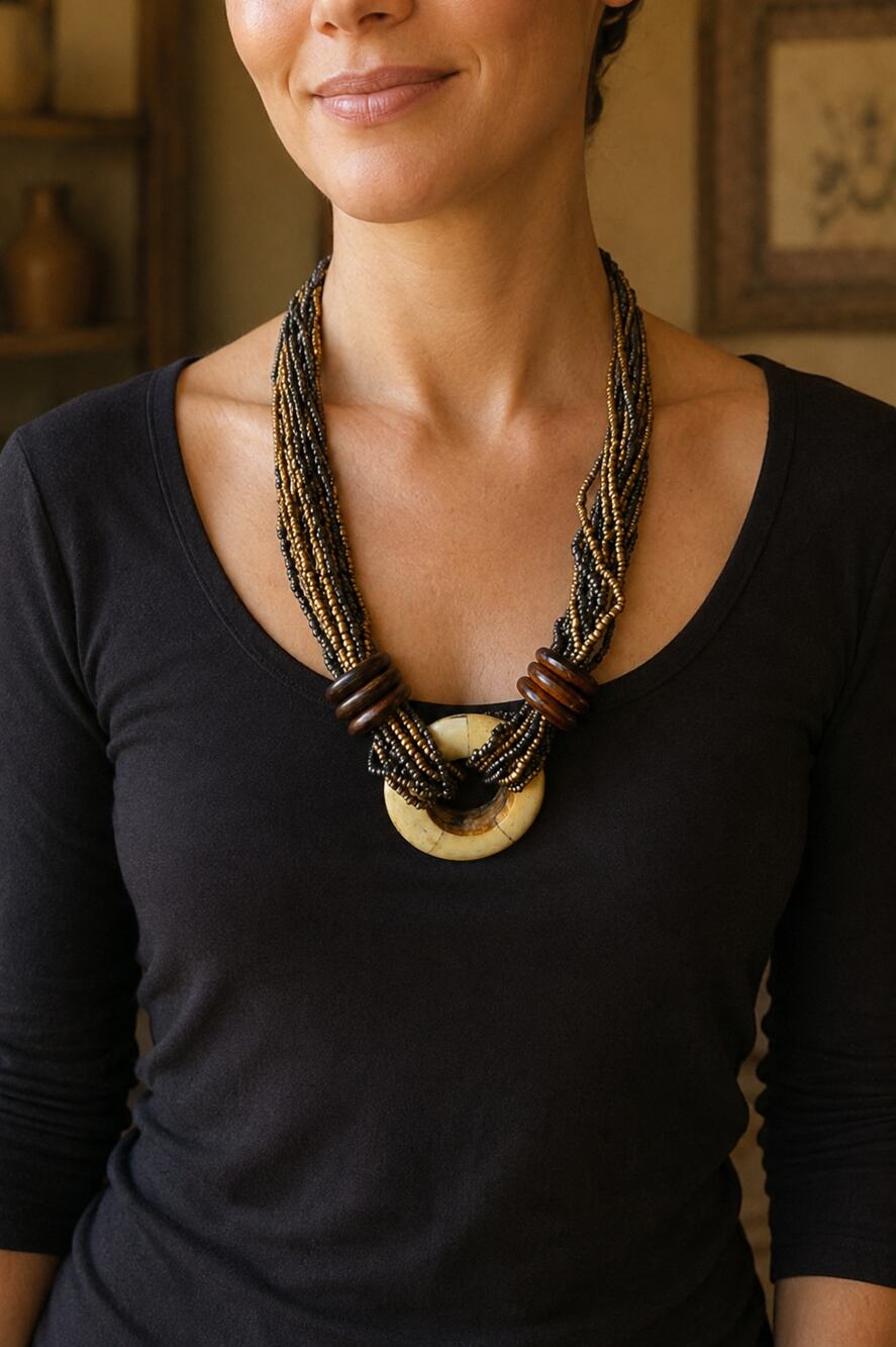 Vintage 1980s Multi Strand Wood Bead Carved Ring Pendant Necklace Boho